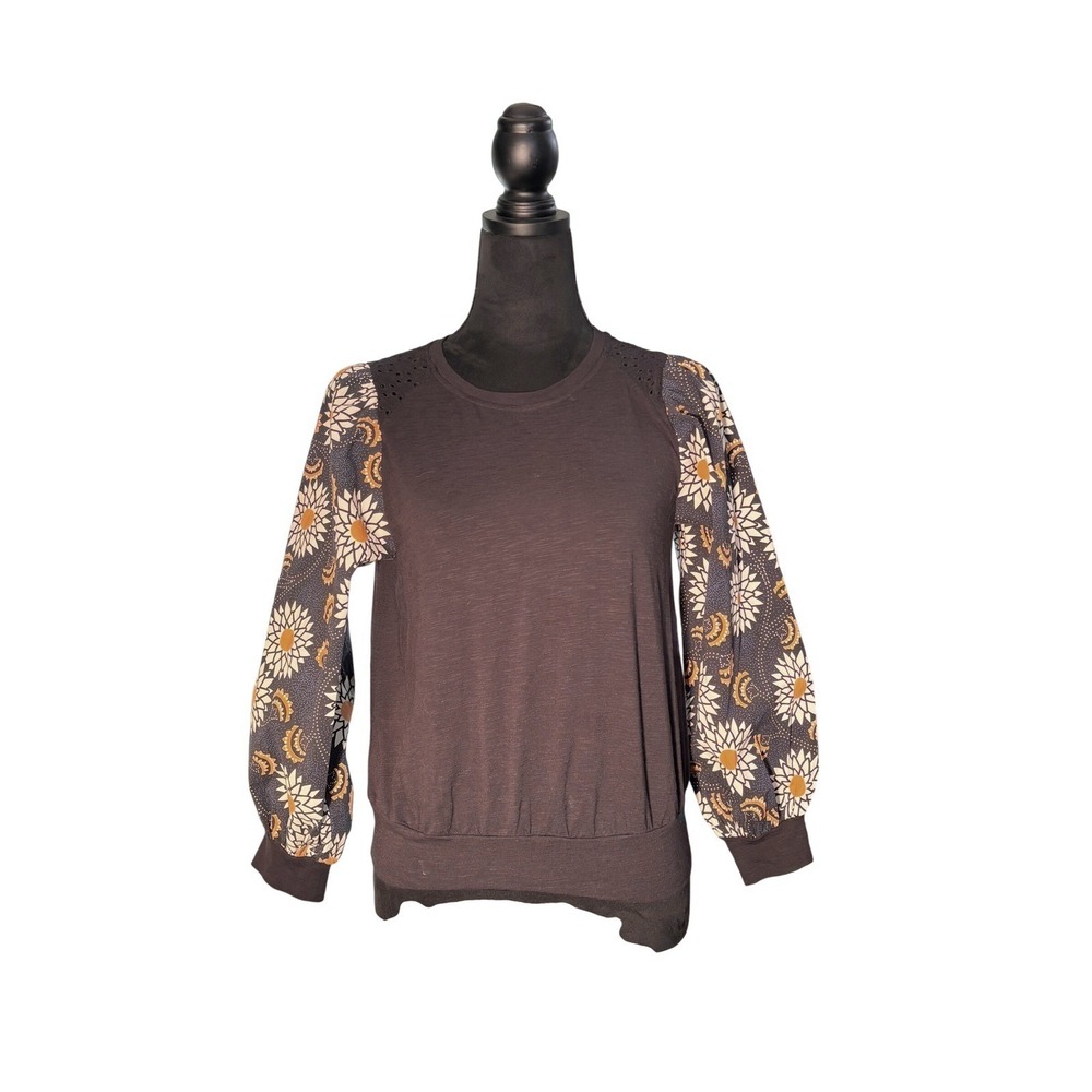 The Odells Black Mixed Media Eyelet Floral Puff Sleeve Top XS‎ Boho Knit Blouse